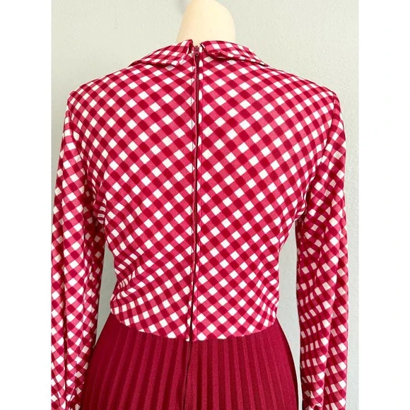 Vintage 60s 70s Red Check Skater Accordion Pleated Dagger Collar Mod Red Dress - Picture 8 of 15